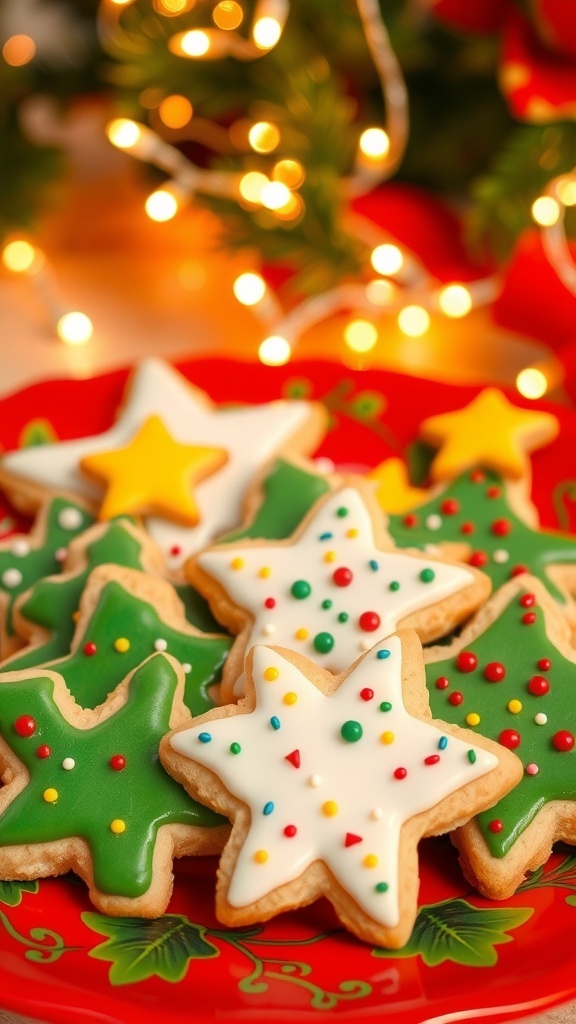 Decorated Christmas sugar cookies shaped like stars and trees on a festive plate.